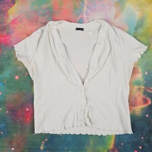 Brandy Melville White Button Up Cardigan Top‎ Cropped Lettuce Trim Short Sleeve